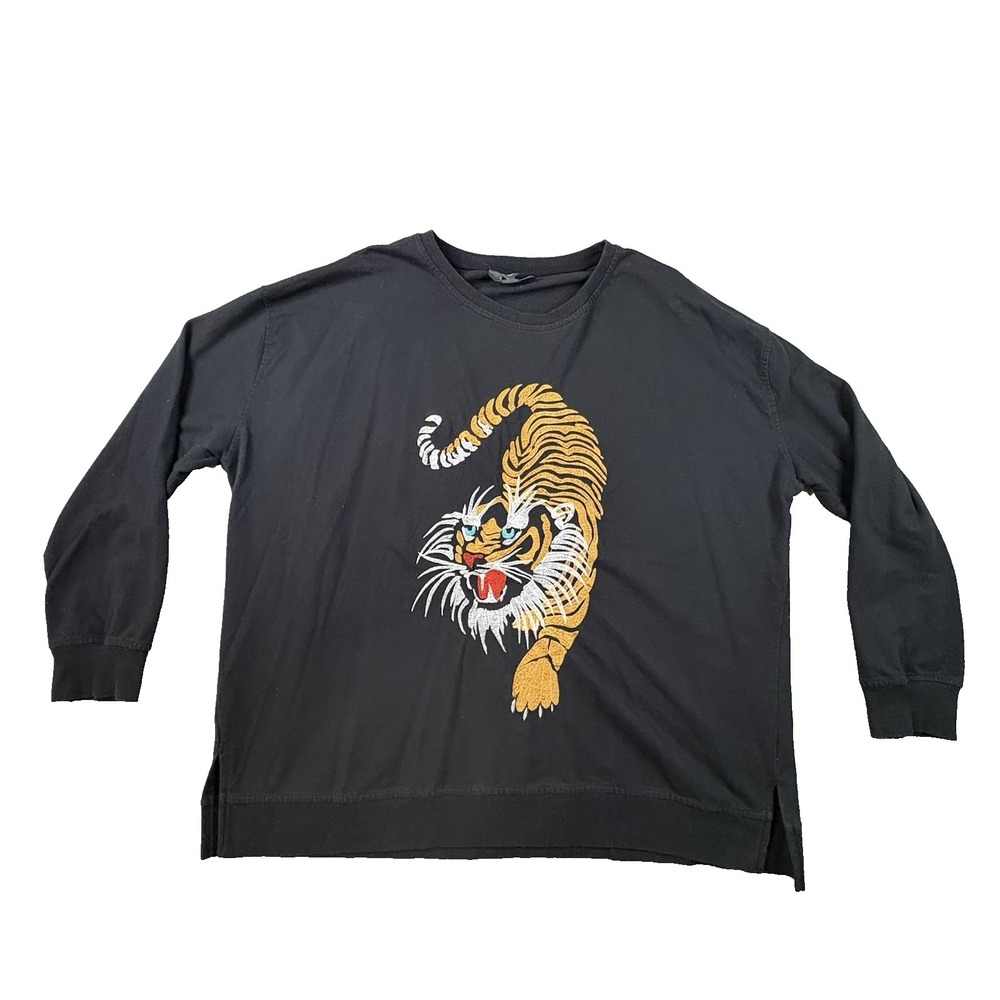 Primark Women's Plus Size 16 Black Embroidered Tiger LS Shirt SEE DESCRIPTION